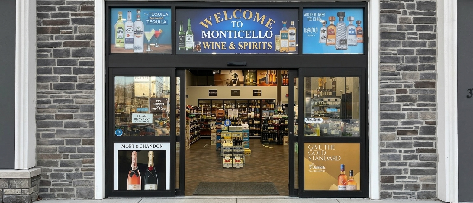 Welcome to Monticello Wine & Spirits — store entrance with sliding doors